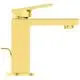 Waschbeckenarmatur in gebürstetem Goldfinish von Ideal Standard mit einem klaren, modernen Design und einem seitlichen Hebel zur Steuerung des Wasserflusses.